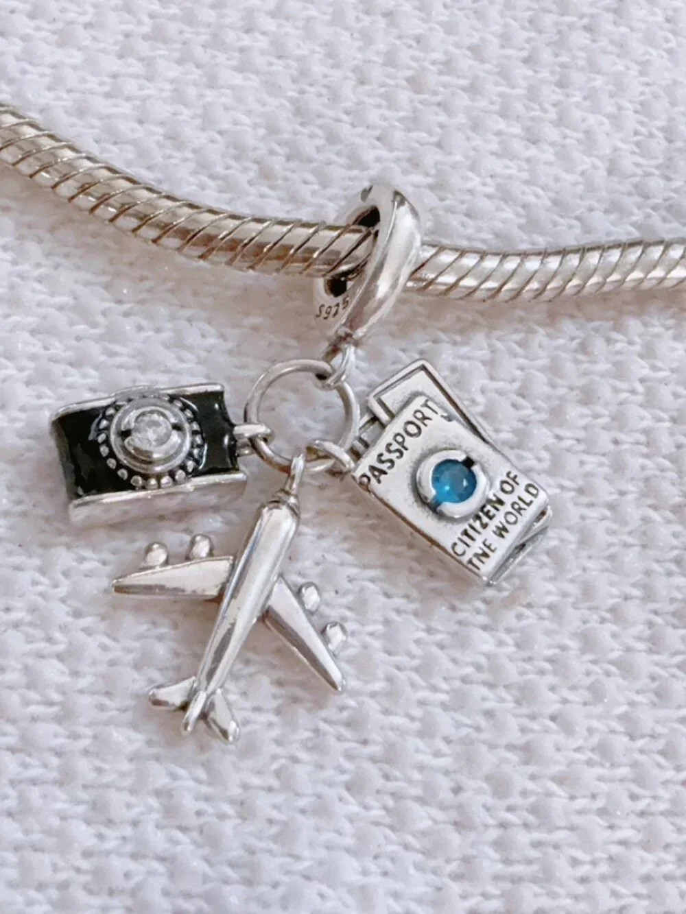 Travel Charm Camera Passport & Airplane Silver Charm For Pandora Bracelet